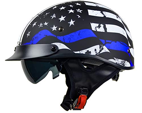 Vega Helmets Warrior Motorcycle Half Helmet with Sunshield for Men & Women, Adjustable Size Dial DOT Half Face Skull Cap for Bike Cruiser Chopper Moped Scooter ATV (Patriotic Flag Graphic, Large)