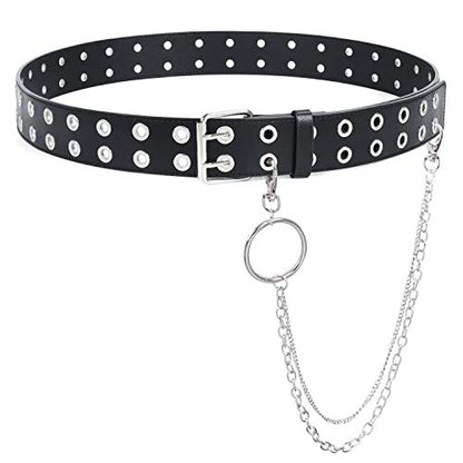 Cinturón de cuero con doble ojales y cadena desmontable para mujeres y hombres