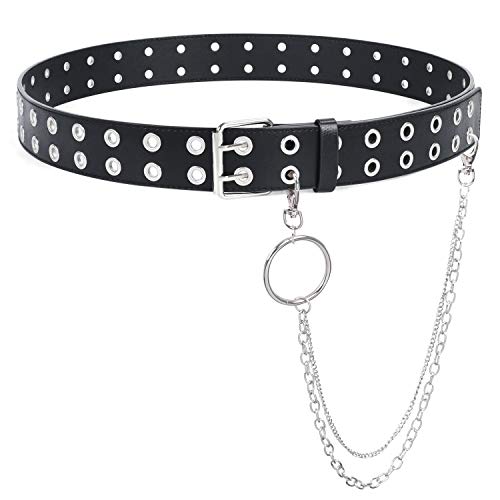 Cinturón de cuero con doble ojales y cadena desmontable para mujeres y hombres