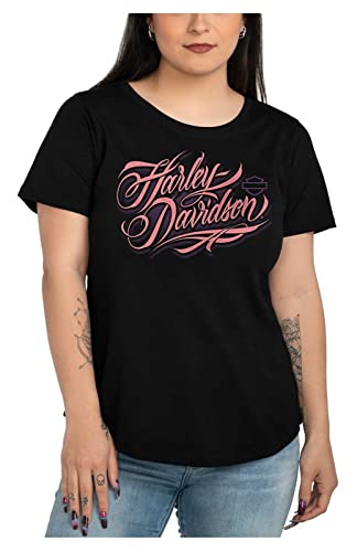 Harley-Davidson Women's Pink Script Short Sleeve Scoop Neck T-Shirt- Black (2XL)