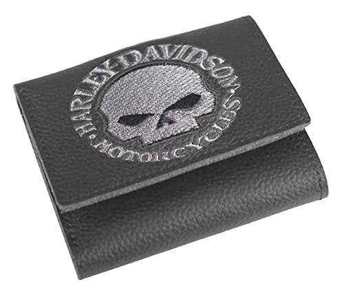 Harley-Davidson Men's Embroidered Willie G Skull Tri-Fold Wallet, XML6145-GRYBLK