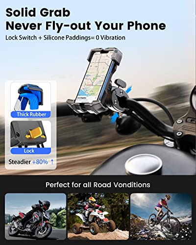 Soporte de teléfono para motocicleta, [Anti-vibración de viento de 150 mph] [Apto para teléfonos grandes de 7.2 pulgadas]  [5s Easy Install] Soporte de teléfono para manillar, compatible con iPhone, todos los teléfonos celulares