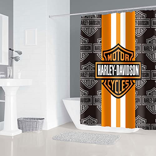 Juego de 4 piezas de cortinas de ducha Harley Davidson con alfombras antideslizantes, tapa de inodoro y alfombrilla de baño y 12 ganchos, duraderos e impermeables, para decoración de baño (72 x 72 pulgadas)