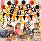 Pancarta de feliz cumpleaños de color negro y naranja con banderines de papel triangular, banderines circulares de confeti para colgar guirnaldas y espirales de bola de panal para cumpleaños, baby shower,
