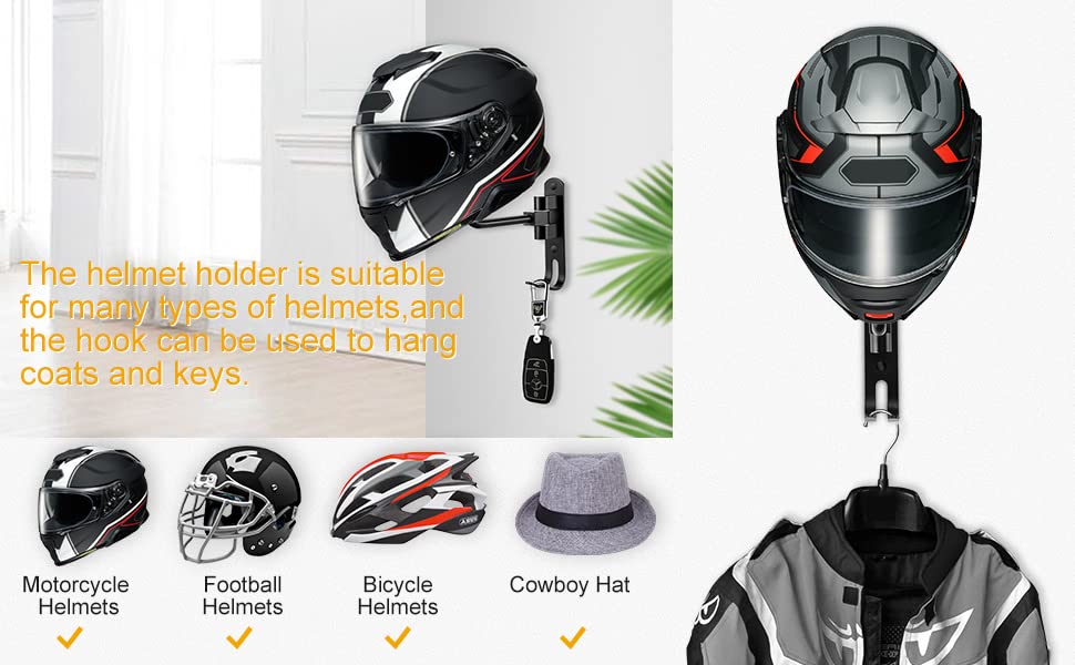 Soporte para casco de motocicleta, soporte para casco, montaje en pared, rotación de 180 grados, gancho doble para abrigos, gorras, sombreros, accesorios de motocicleta