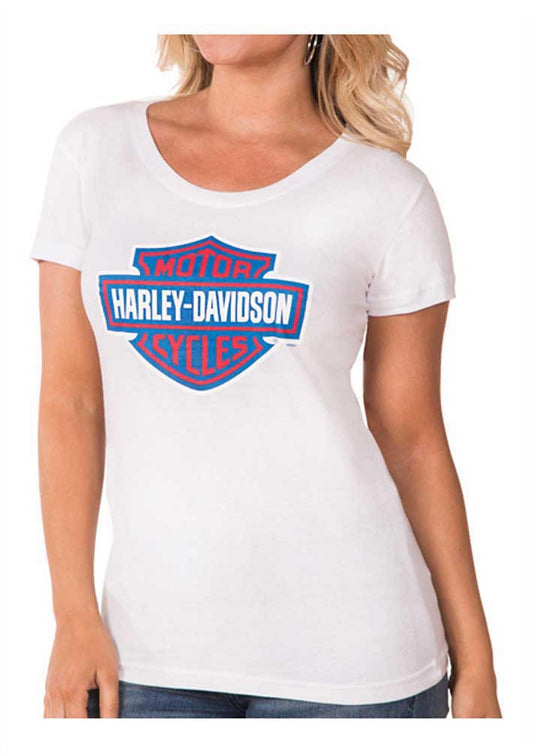 Harley-Davidson Women's RWB Bar & Shield Logo Short Sleeve Tee - White (L), Harley Davidson