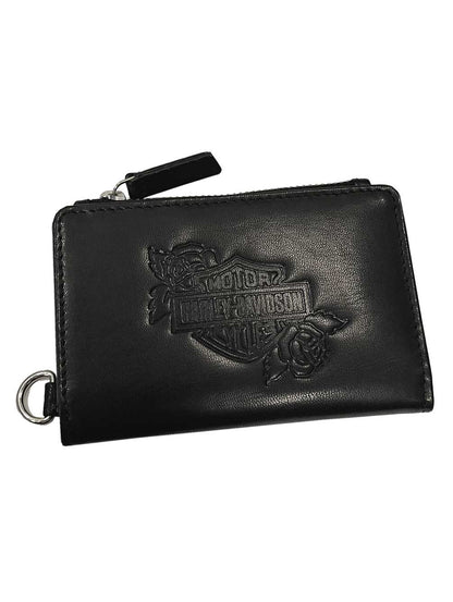 Harley-Davidson Women's Rockin' Roses Bar & Shield Small Zip Wallet - Black, Harley Davidson