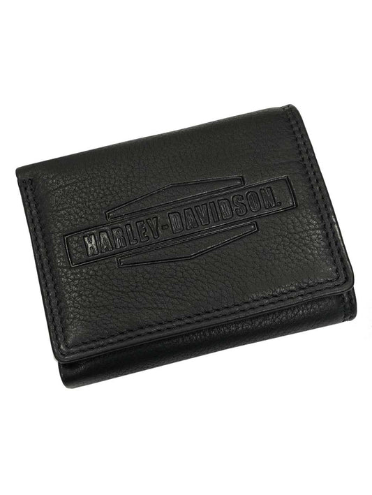 Harley-Davidson Men's Classic H-D Leather Tri-Fold Wallet Set de regalo en caja - Negro, Harley Davidson