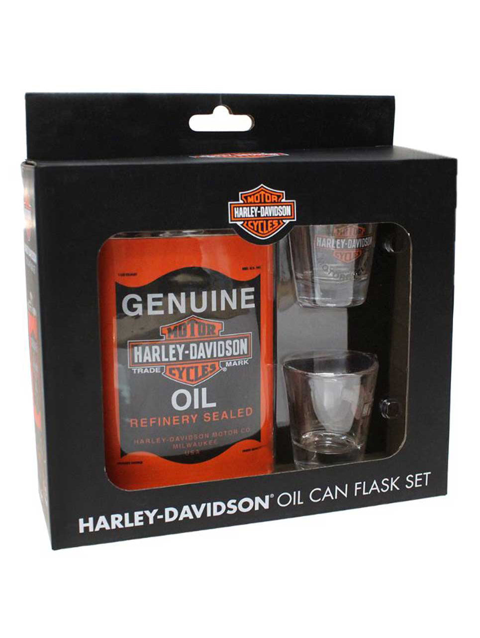 Juego de regalo de petaca y vaso de chupito con lata de aceite original Harley-Davidson, HDL-18557, Harley Davidson